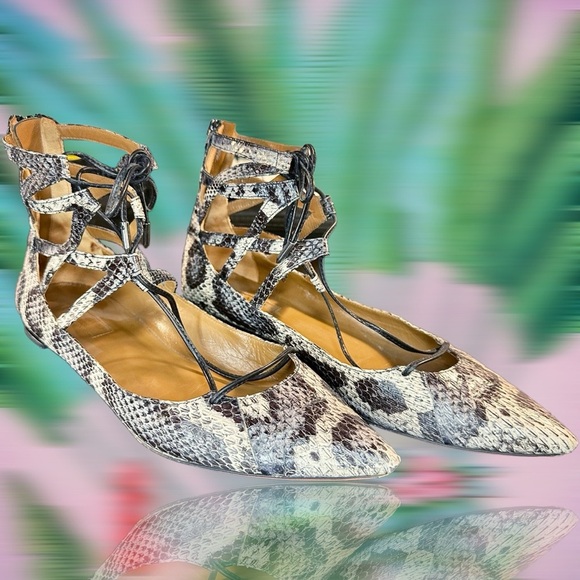 Aquazzura ‘Belgravia’ Two-Tone Snakeskin Ankle-Tie Flats Size 9 ASO Meghan - Picture 6 of 16